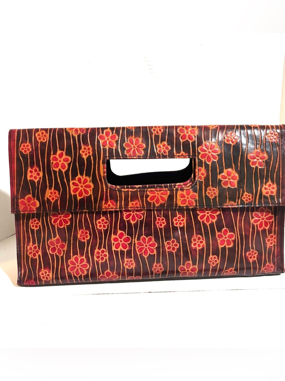 Floral Embossed leather Clutch Handbag in Red and Brown